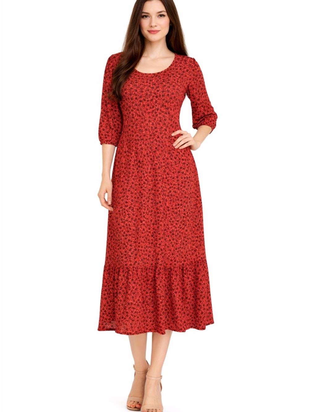 ZARA Red Black Floral Tiered Maxi Dress Women's Large 3/4 Sleeve Boho Cottage